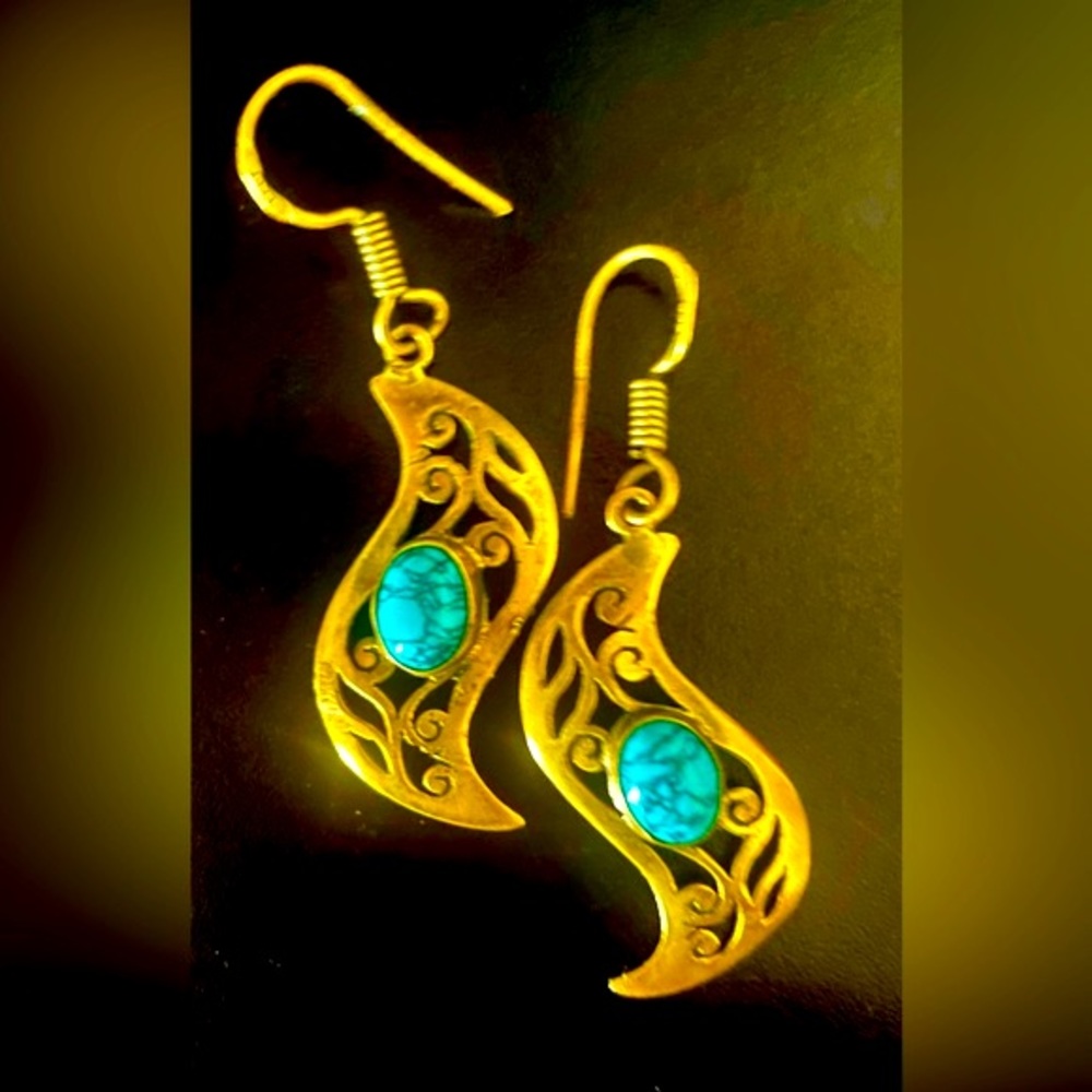 Vintage Boho Brass and Turquoise Earrings - Picture 6 of 15